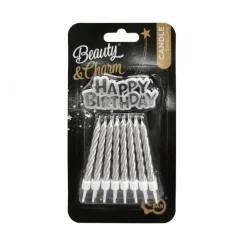 Tårtljus Silver 16-pack med Happy Birthday skylt