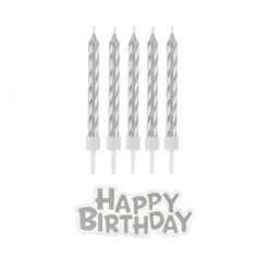 Tårtljus Silver 16-pack med Happy Birthday skylt